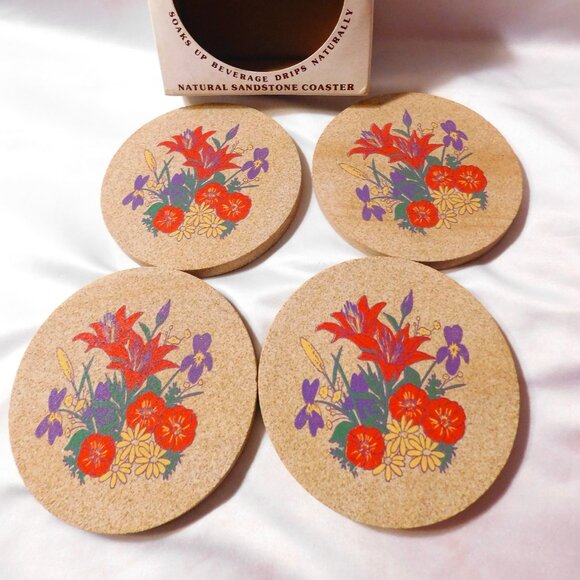 ThirstyStone Sandstone Coaster Set Floral Design Vintage 1988 - Picture 1 of 6